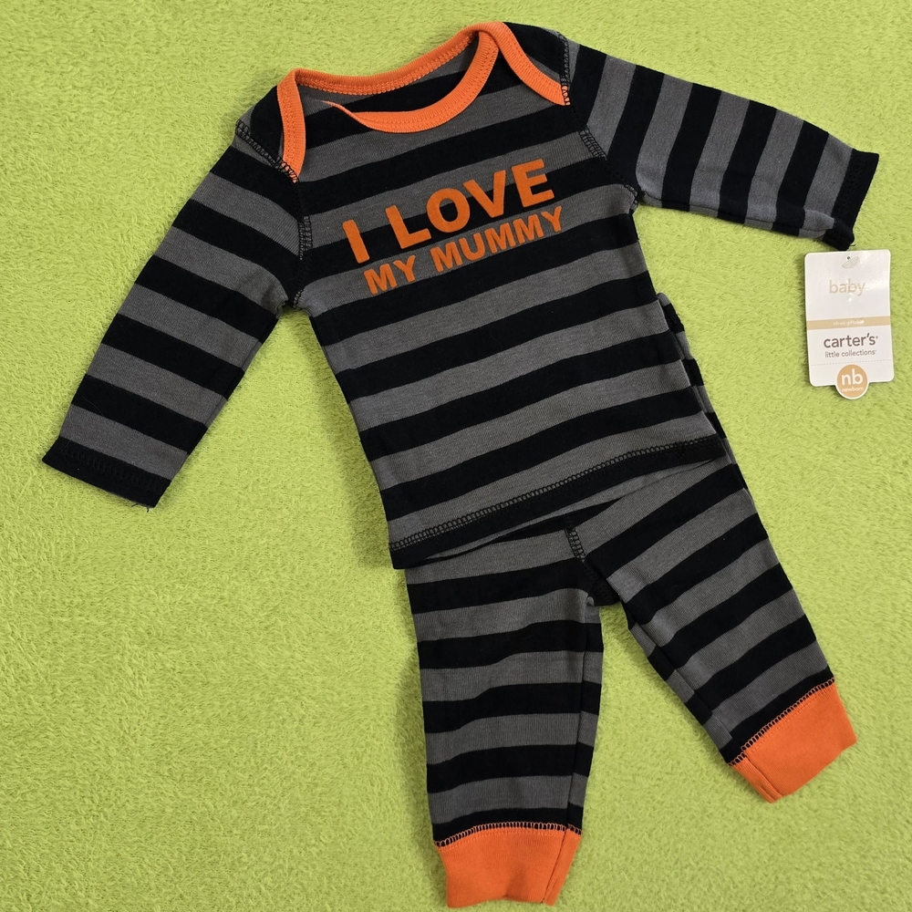 NWT  0-3M Baby BOYS Black & Gray Two-Piece Set + Orange Trim  LOVE MY MUMMY (Q6)